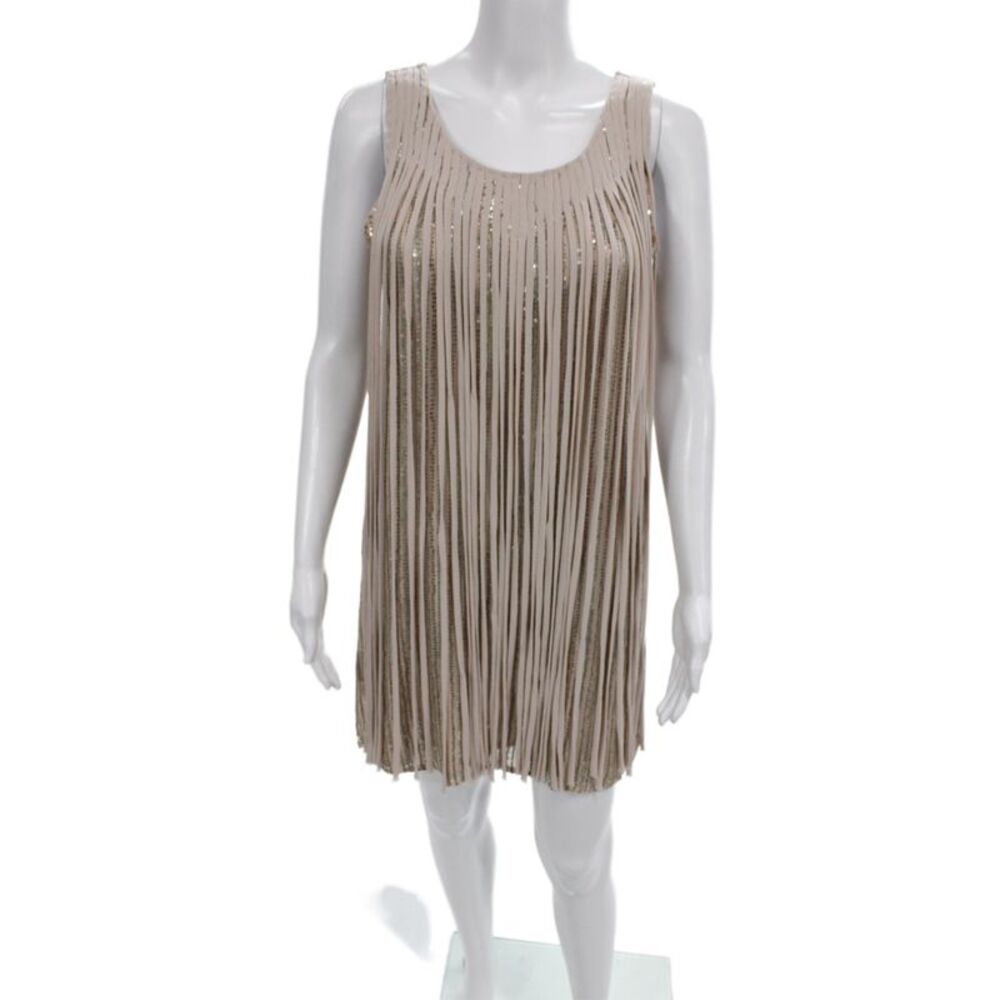 Parker Women Striped Silk Sleeveless Scoop Neck Shift Dress Beige Size S